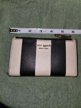 kate spade Black and Cream Striped Zip Card Wallet